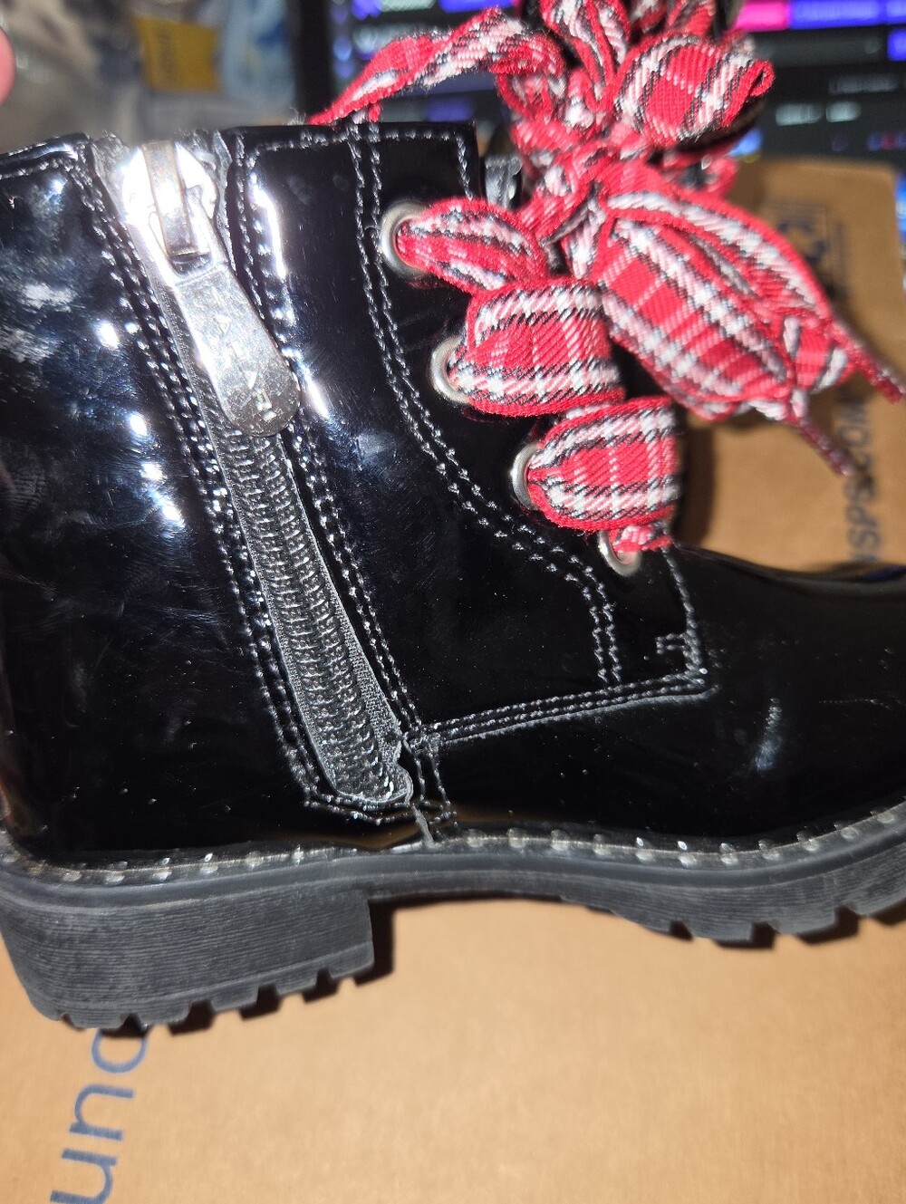 Tahari Black Patent Kids Boots with Red Heart and Red Plaid Laces - Picture 3 of 5